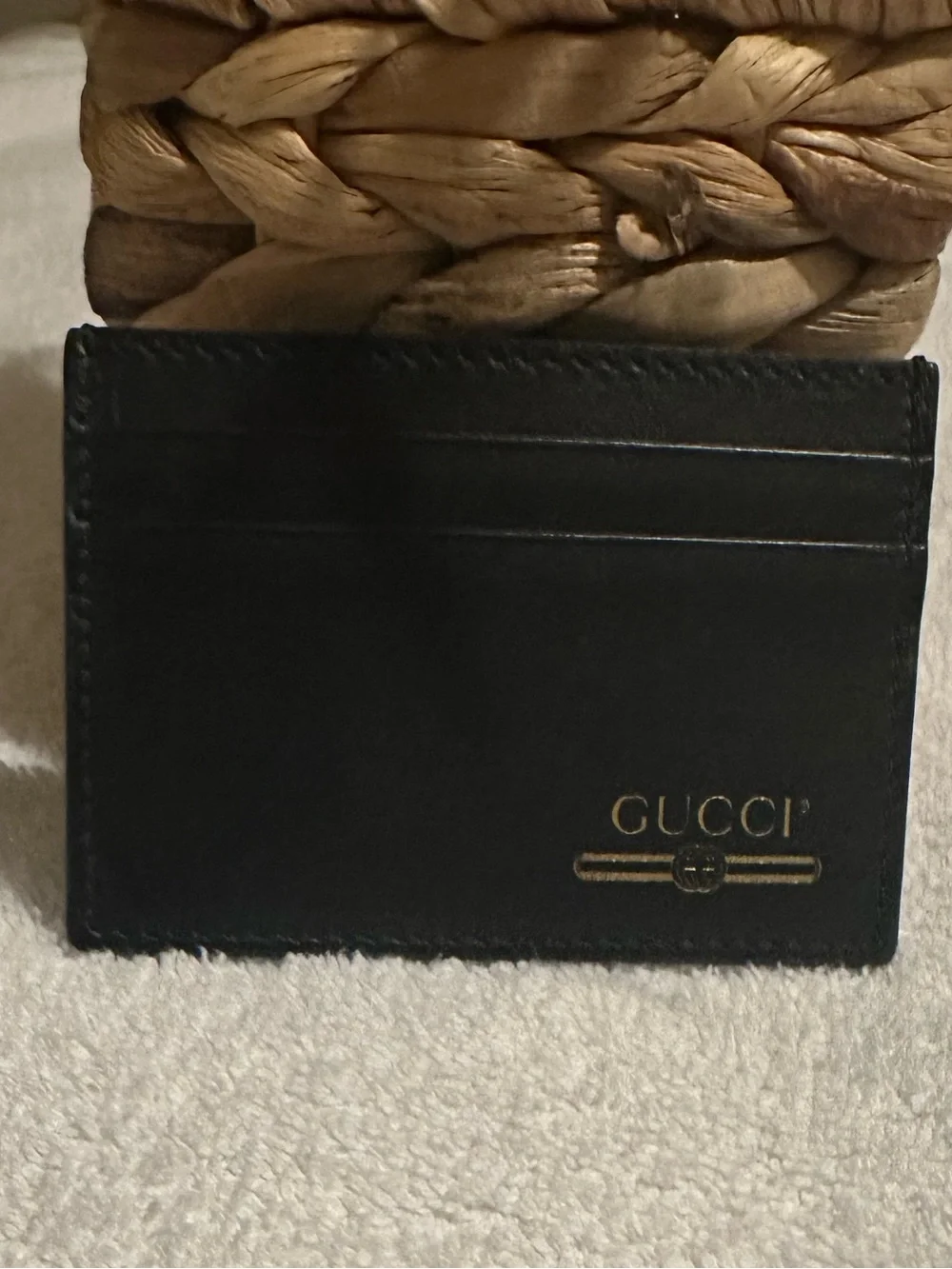 Gucci Black Leather Card Holder Slim Wallet Gold Logo Men’s Unisex